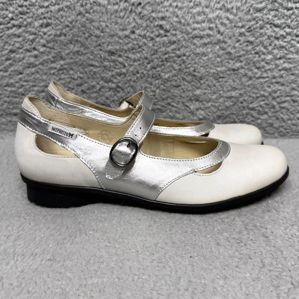 Mephisto Rejine Womens Size 7 Mary Jane Flats Shoes White SIlver Leather Buckle